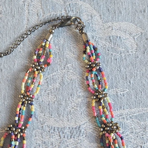 Rainbow Beaded Bib Necklace hand Beaded Artisan - Picture 5 of 7